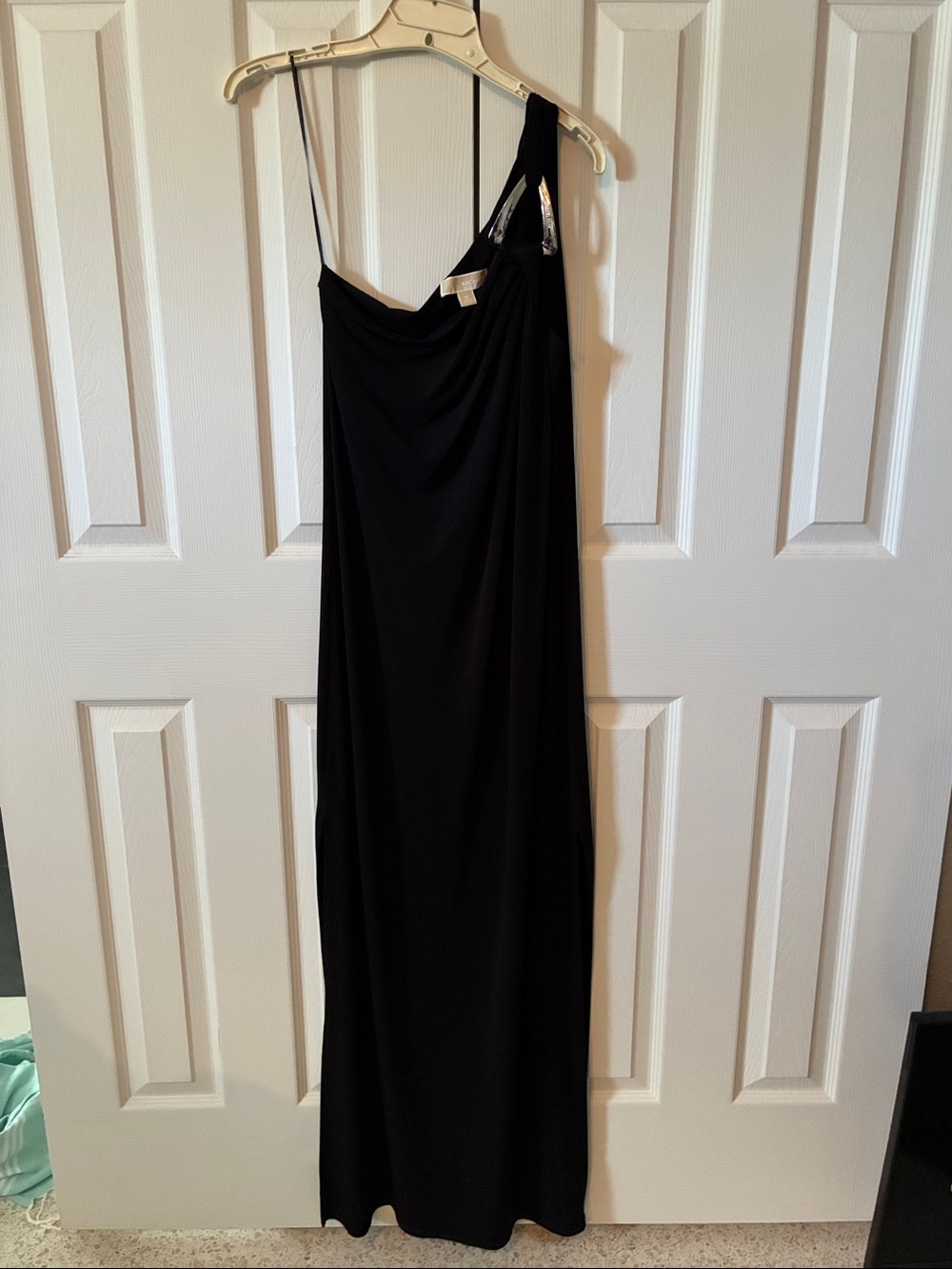 Michael Kors Black One-Shoulder Slip Dress with Silver Accent